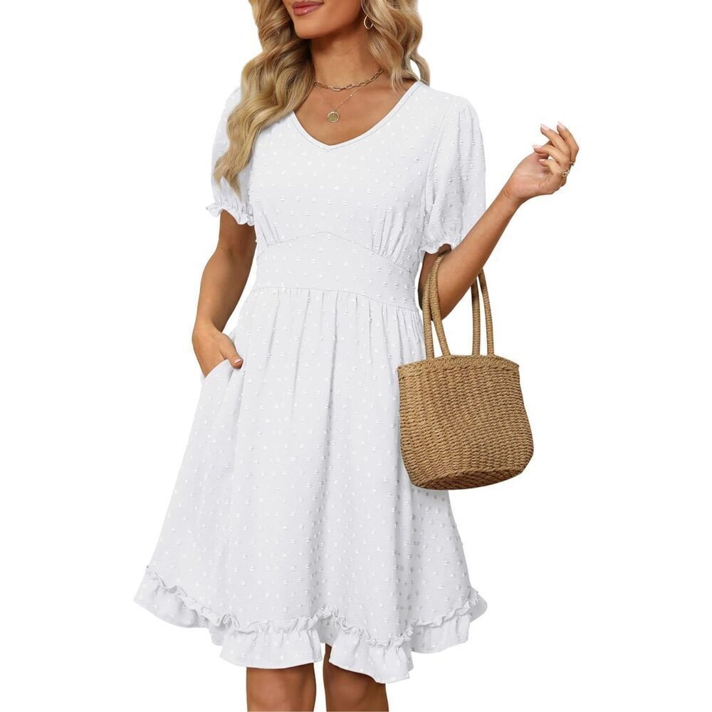 NEW White V Neck Short Sleeve Swiss Dot Mini Dress Pockets M - Picture 5 of 7